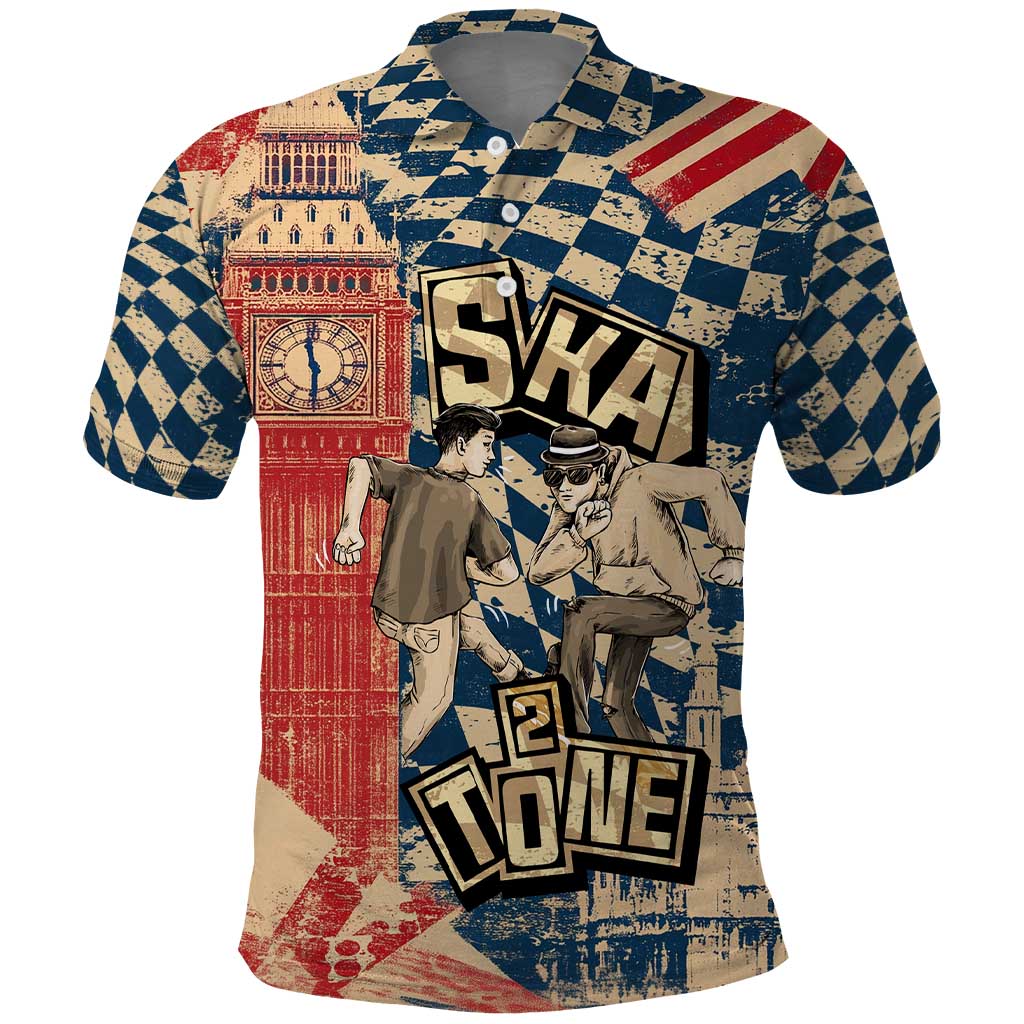 Ska 2 Tone Polo Shirt Big Ben Dance Two Tone Blue Checkerboard TS04