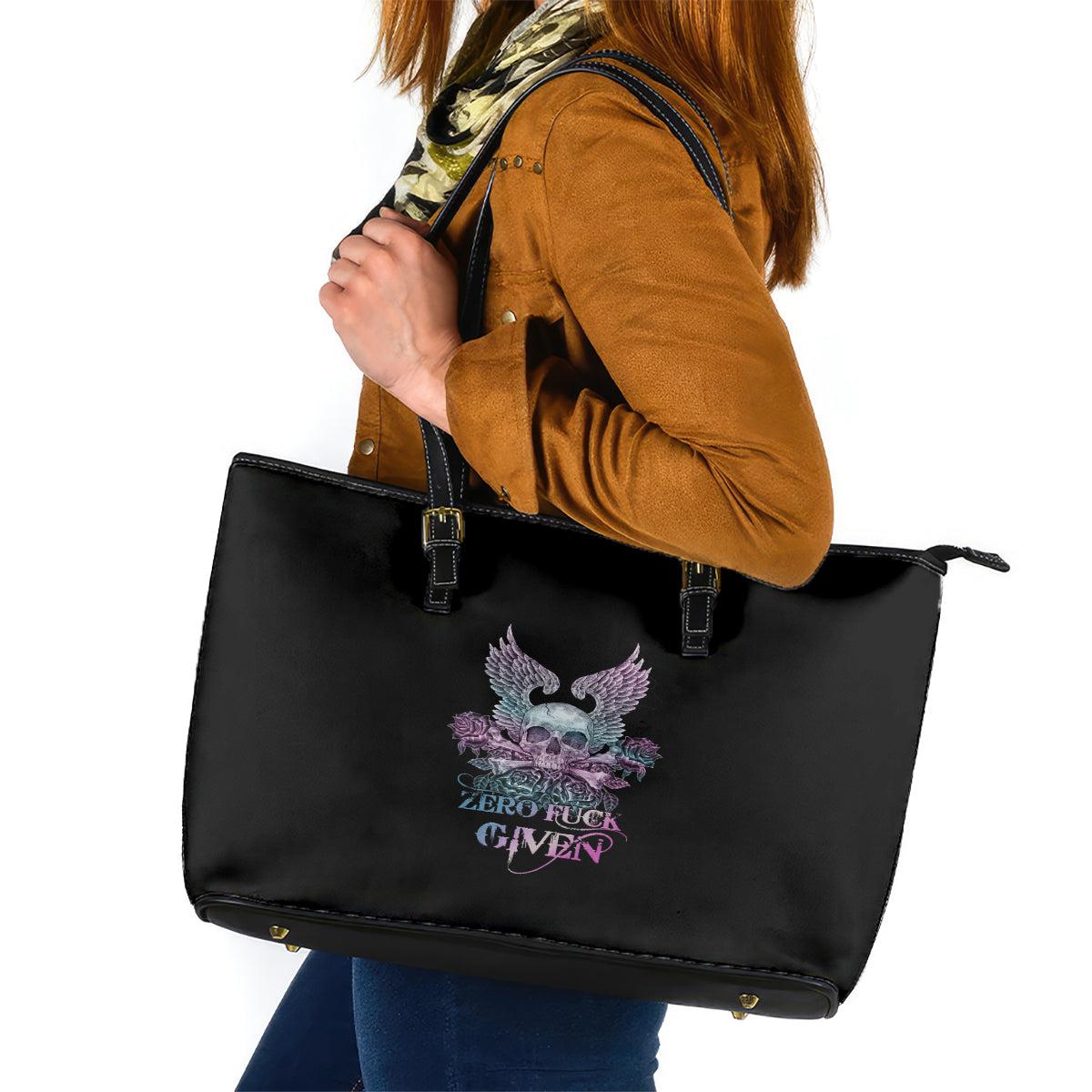 Skull Wings Roses - Zero Fuck Given Leather Tote Bag TS04
