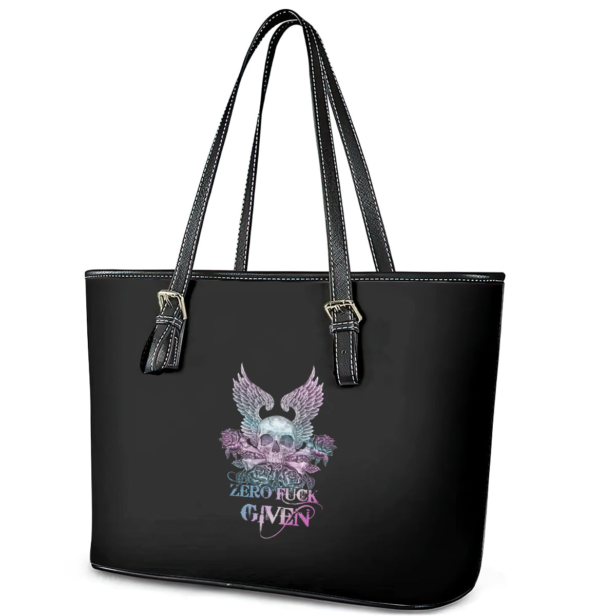 Skull Wings Roses - Zero Fuck Given Leather Tote Bag TS04