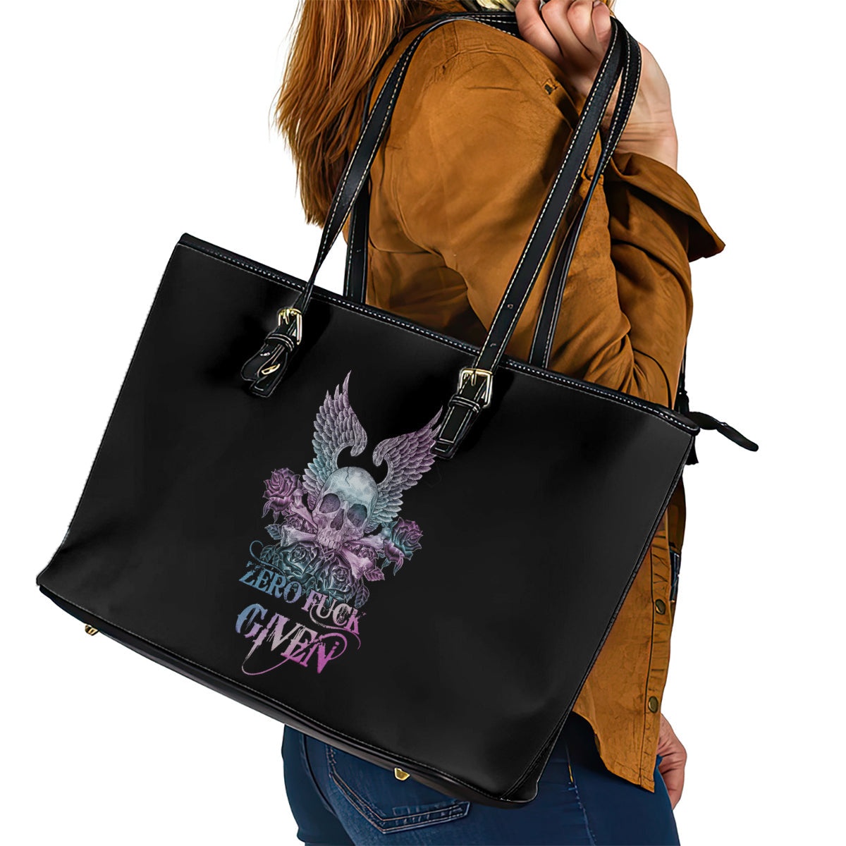 Skull Wings Roses - Zero Fuck Given Leather Tote Bag TS04