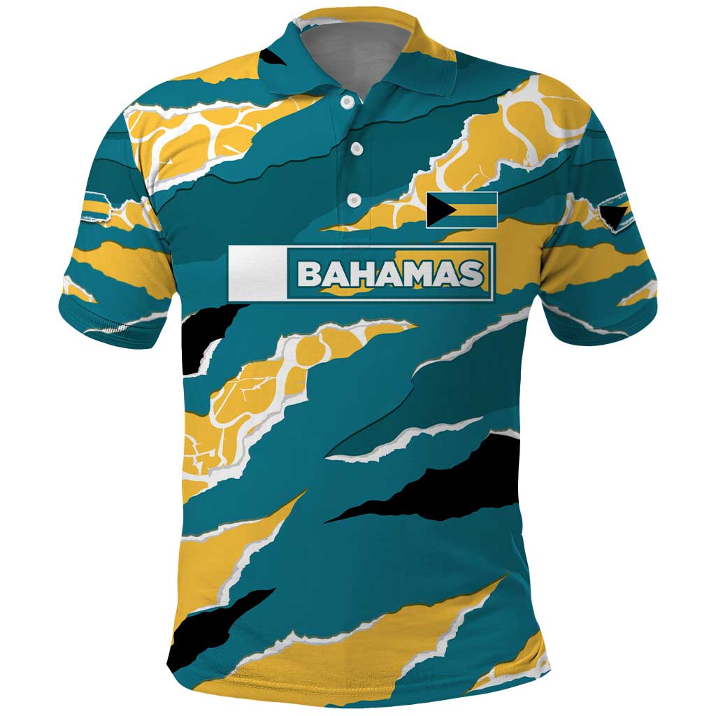 Bahamas Polo Shirt with National Coat of Arms Teal Yellow Ocean Wave Spirit TS04