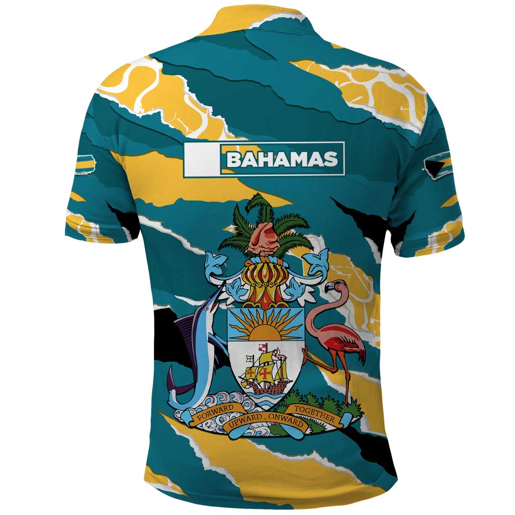Bahamas Polo Shirt with National Coat of Arms Teal Yellow Ocean Wave Spirit TS04
