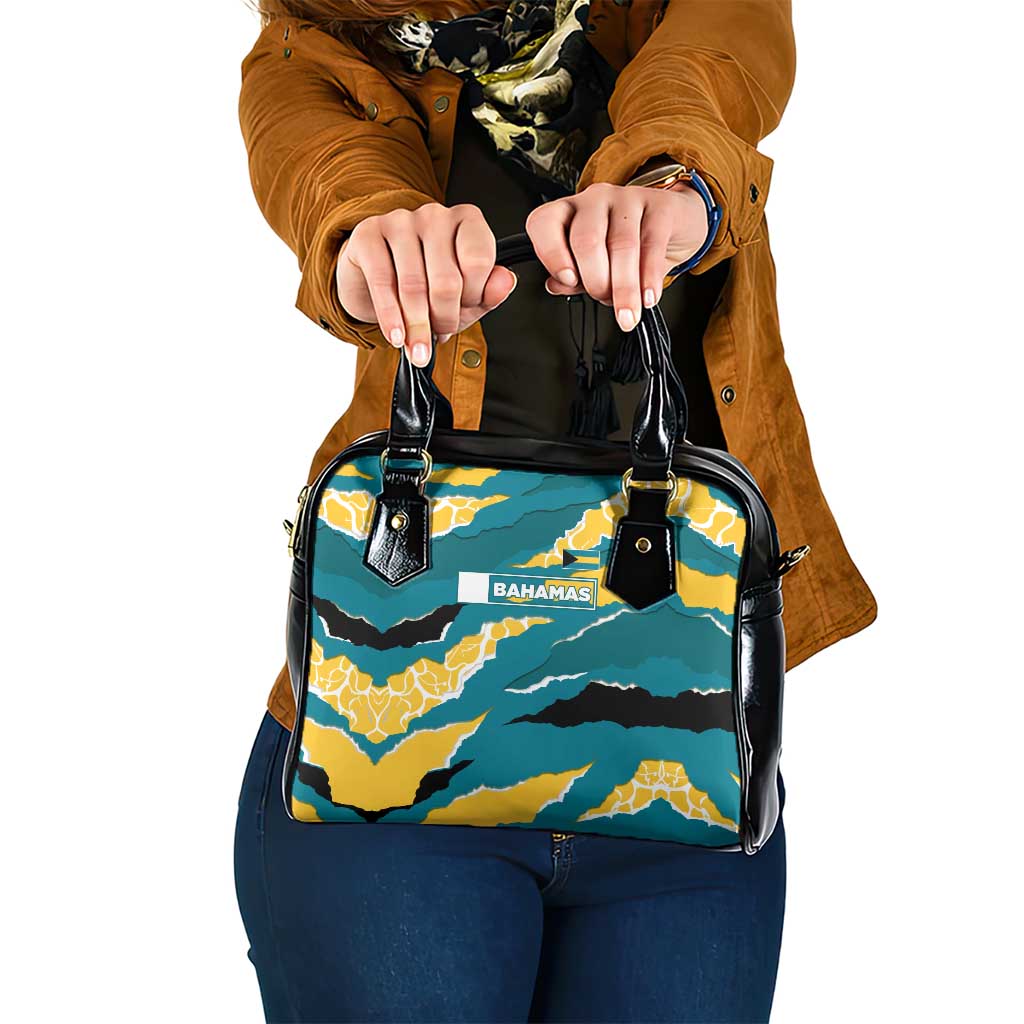Bahamas Shoulder Handbag with National Coat of Arms Teal Yellow Ocean Wave Spirit TS04