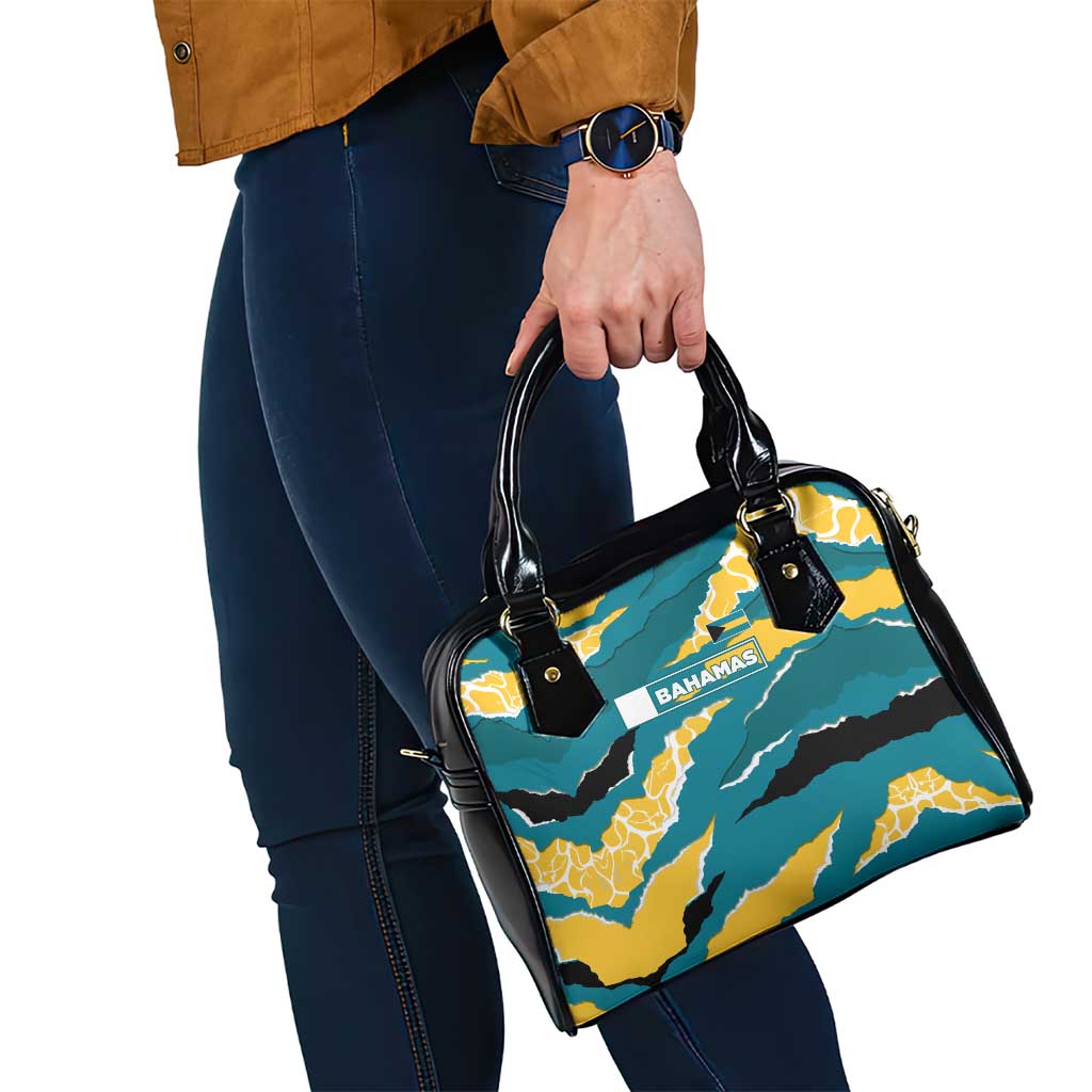 Bahamas Shoulder Handbag with National Coat of Arms Teal Yellow Ocean Wave Spirit TS04
