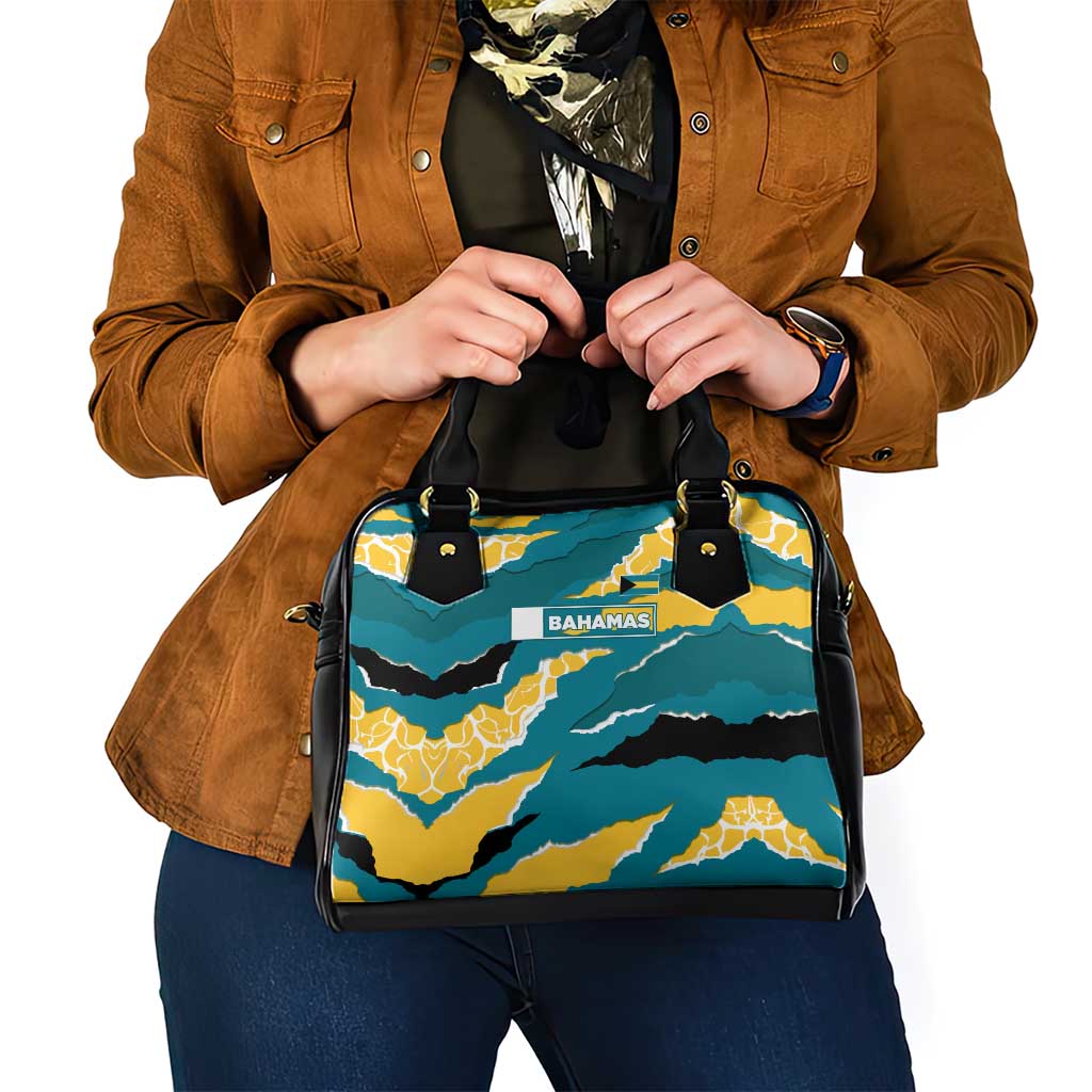 Bahamas Shoulder Handbag with National Coat of Arms Teal Yellow Ocean Wave Spirit TS04