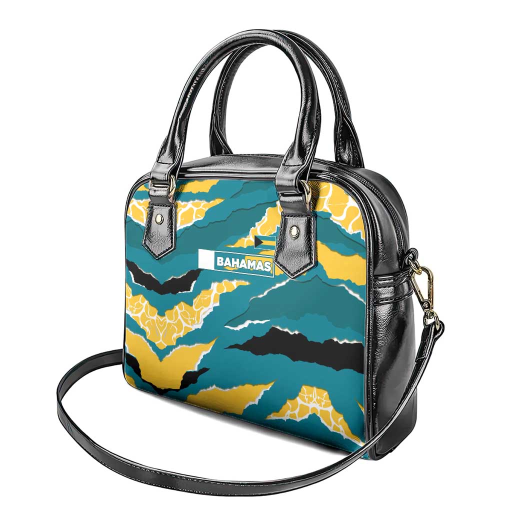 Bahamas Shoulder Handbag with National Coat of Arms Teal Yellow Ocean Wave Spirit TS04