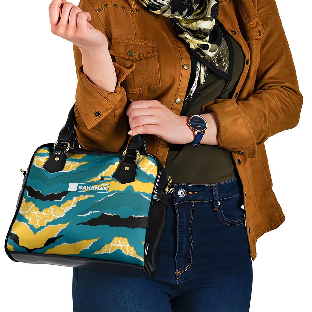 Bahamas Shoulder Handbag with National Coat of Arms Teal Yellow Ocean Wave Spirit TS04