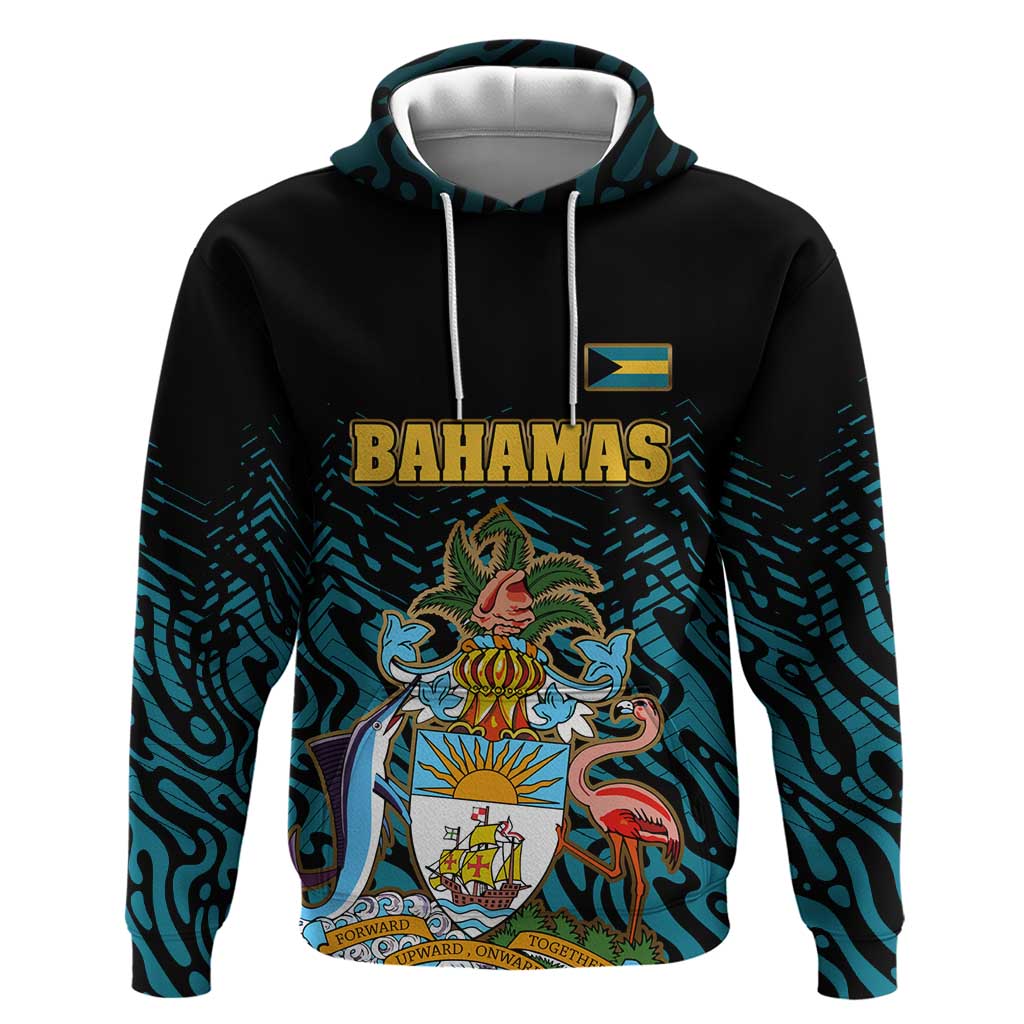 Bahamas Coat of Arms and Flag Hoodie with Blue Coral Pattern and Marlin Crest TS04