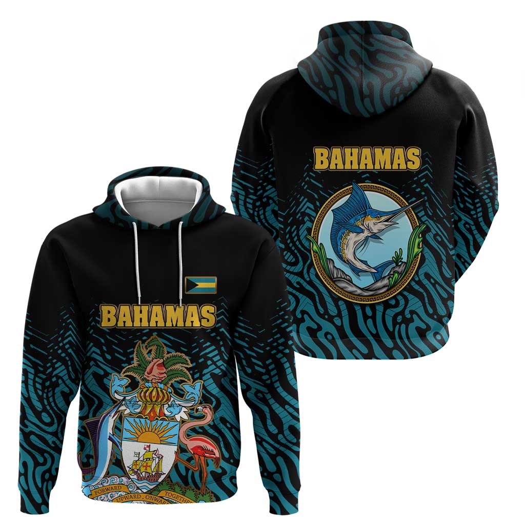 Bahamas Coat of Arms and Flag Hoodie with Blue Coral Pattern and Marlin Crest TS04