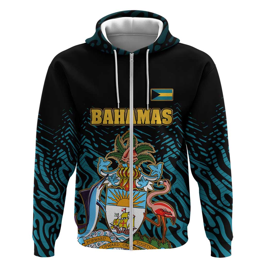 Bahamas Coat of Arms and Flag Hoodie with Blue Coral Pattern and Marlin Crest TS04