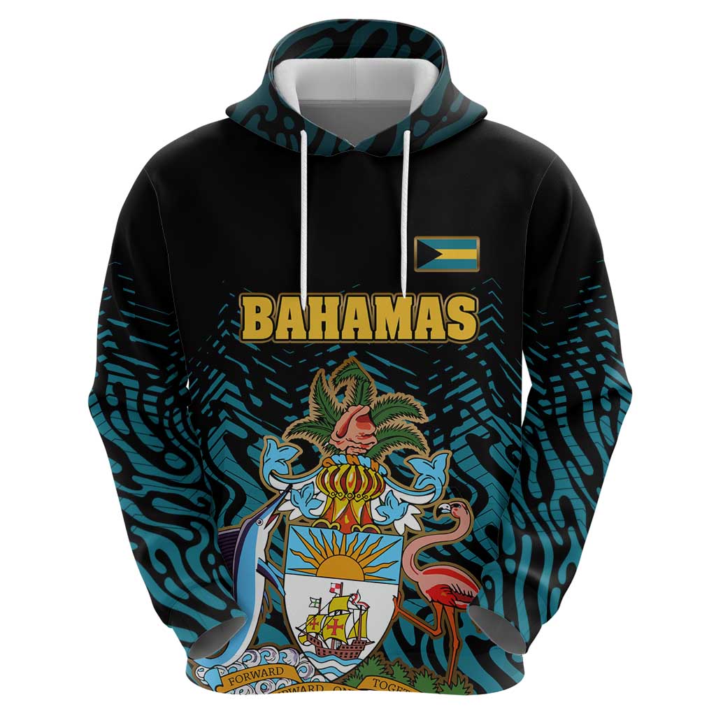 Bahamas Coat of Arms and Flag Hoodie with Blue Coral Pattern and Marlin Crest TS04