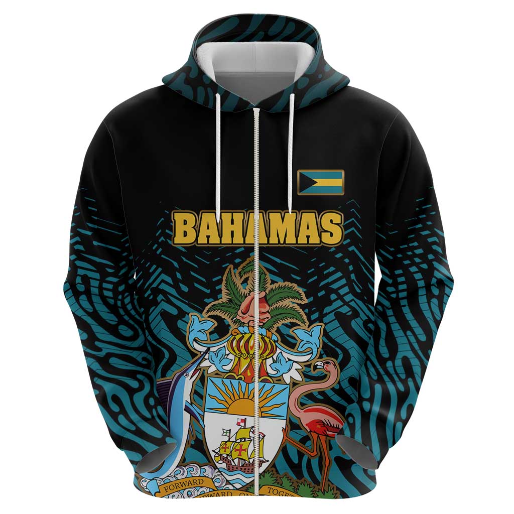 Bahamas Coat of Arms and Flag Hoodie with Blue Coral Pattern and Marlin Crest TS04