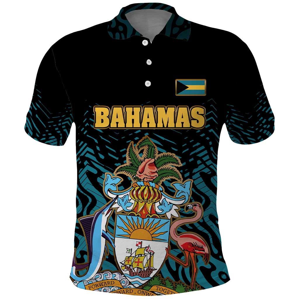 Bahamas Coat of Arms and Flag Polo Shirt with Blue Coral Pattern and Marlin Crest TS04