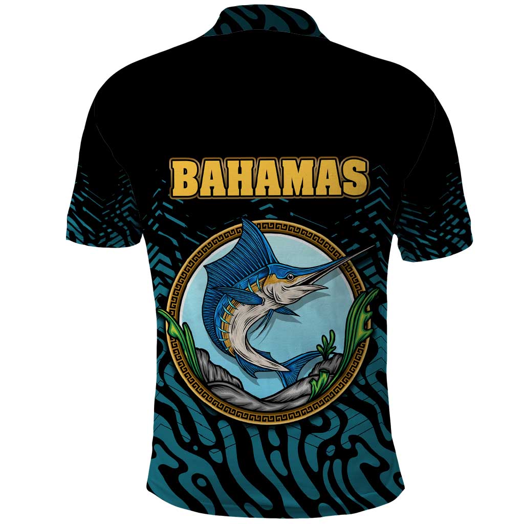 Bahamas Coat of Arms and Flag Polo Shirt with Blue Coral Pattern and Marlin Crest TS04