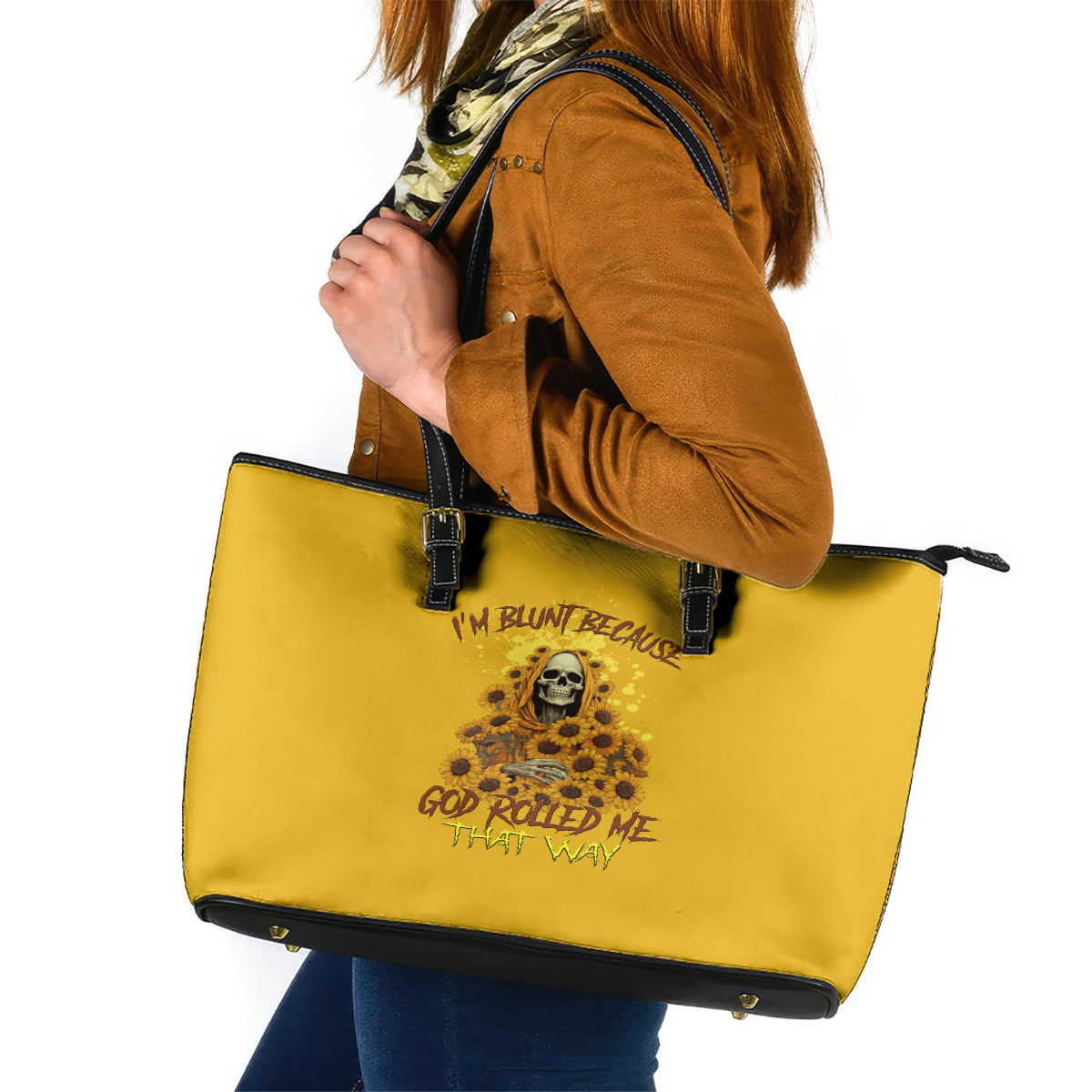 I'm Blunt Because God Rolled Me Sunflower Reaper Leather Tote Bag TS04