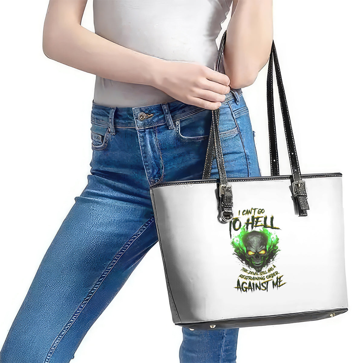 I Can't Go To Hell Fire Eyes Skull Leather Tote Bag TS04