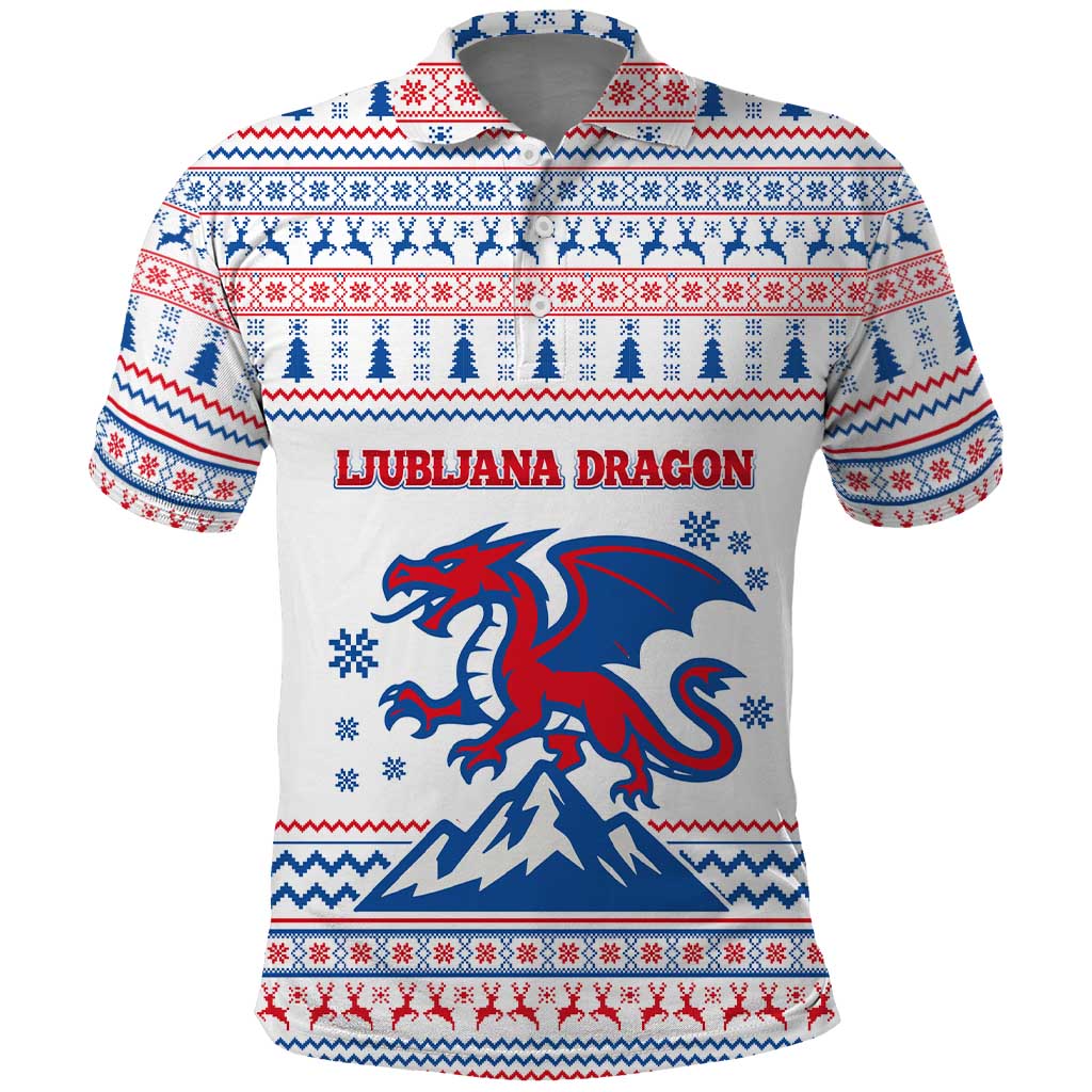 Slovenian Winter Polo Shirt Ljubljana Dragon with Nordic Snowflakes and Alpine Vibes TS04