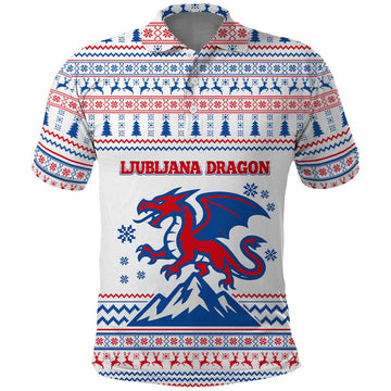 Slovenian Winter Polo Shirt Ljubljana Dragon with Nordic Snowflakes and Alpine Vibes TS04