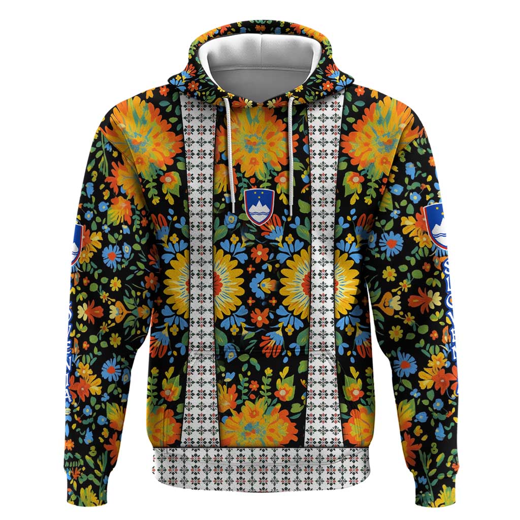 Slovenia Folk Art Hoodie Bright Floral Pattern with National Crest Emblem TS04