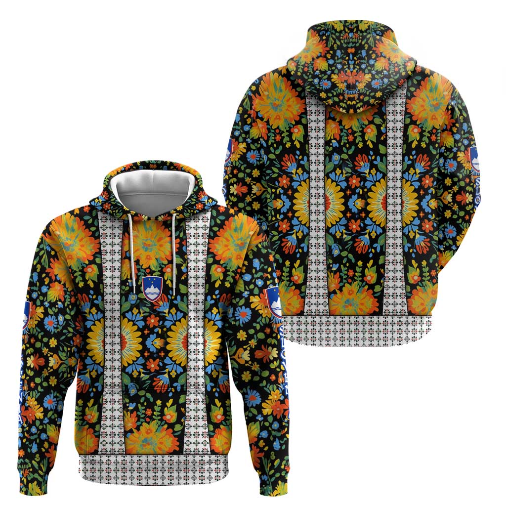 Slovenia Folk Art Hoodie Bright Floral Pattern with National Crest Emblem TS04