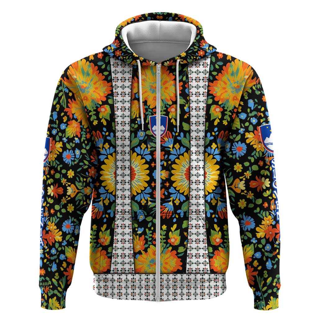 Slovenia Folk Art Hoodie Bright Floral Pattern with National Crest Emblem TS04