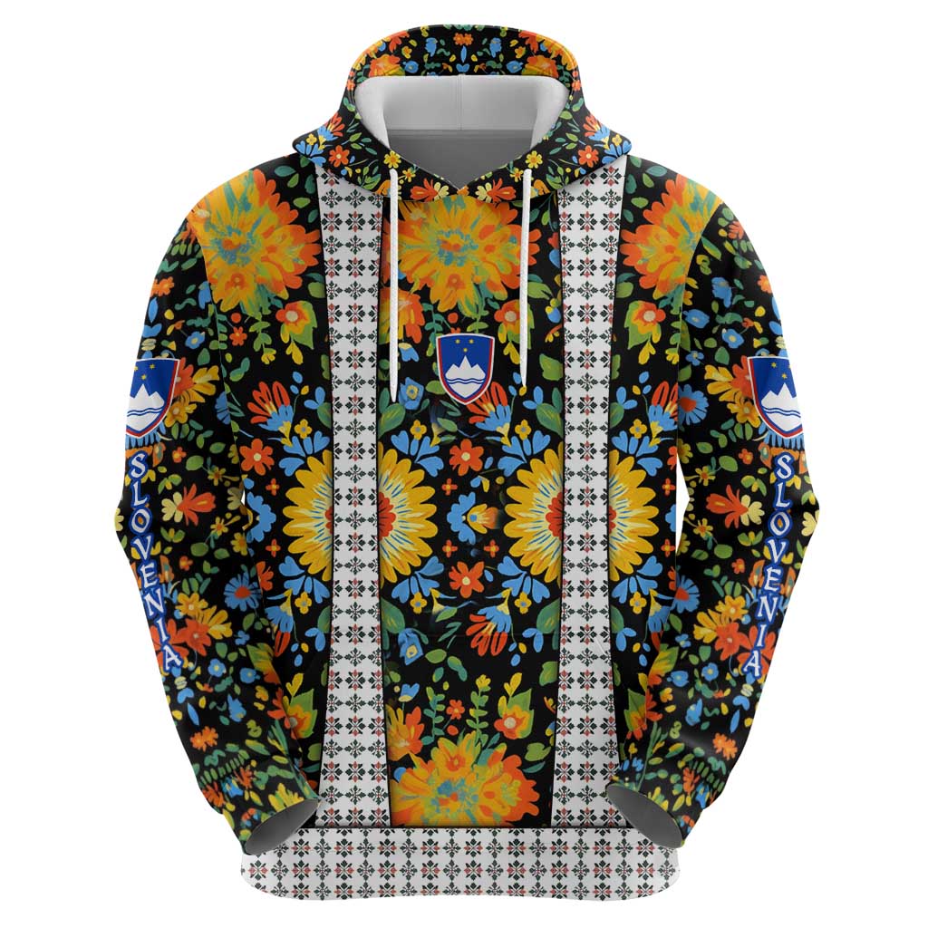 Slovenia Folk Art Hoodie Bright Floral Pattern with National Crest Emblem TS04