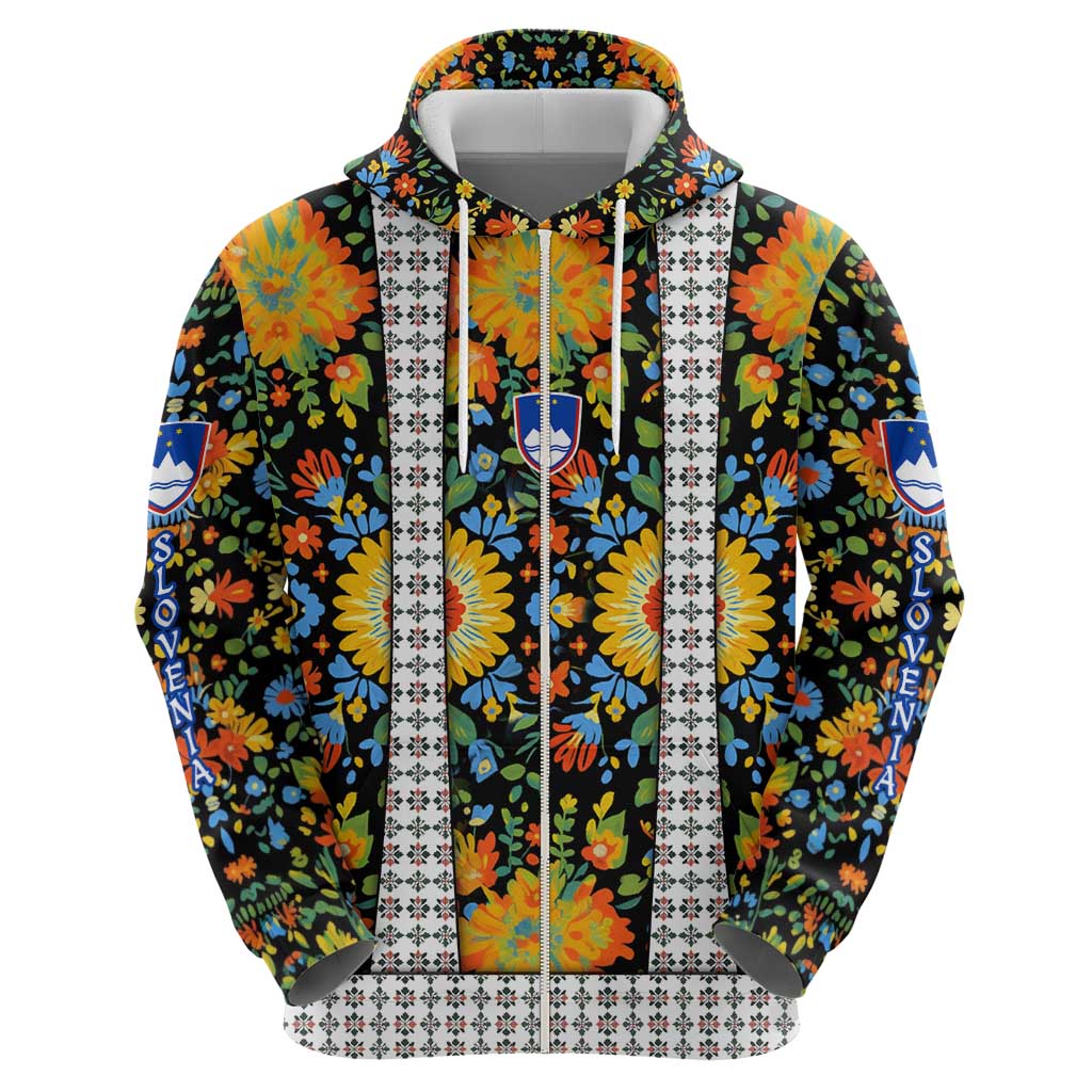 Slovenia Folk Art Hoodie Bright Floral Pattern with National Crest Emblem TS04