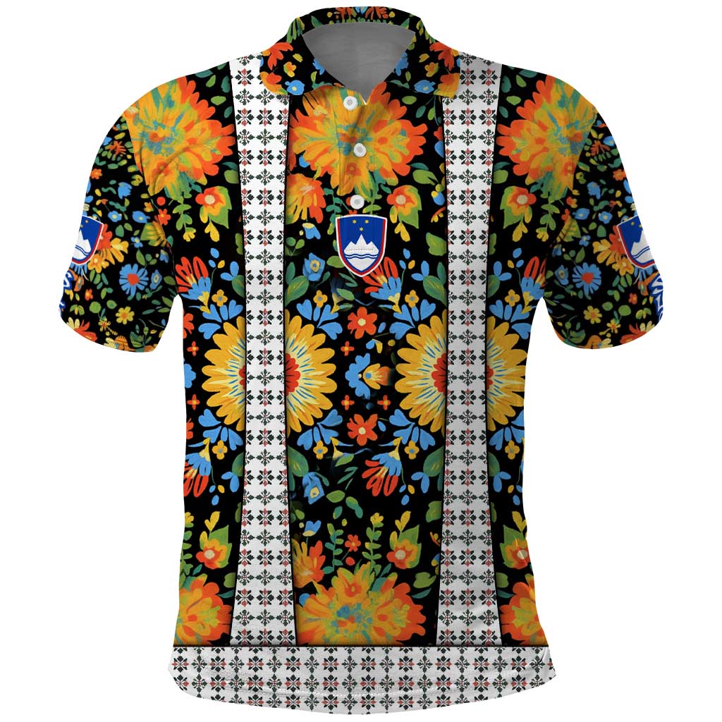 Slovenia Folk Art Polo Shirt Bright Floral Pattern with National Crest Emblem TS04
