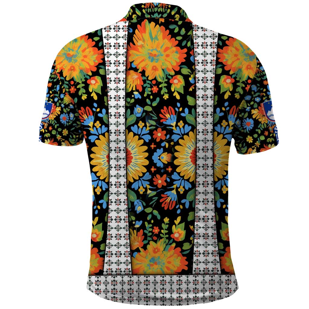 Slovenia Folk Art Polo Shirt Bright Floral Pattern with National Crest Emblem TS04