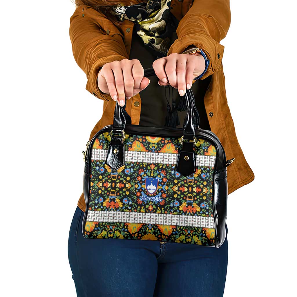 Slovenia Folk Art Shoulder Handbag Bright Floral Pattern with National Crest Emblem TS04
