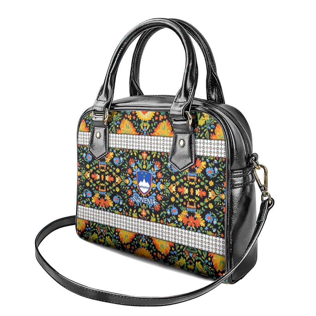 Slovenia Folk Art Shoulder Handbag Bright Floral Pattern with National Crest Emblem TS04