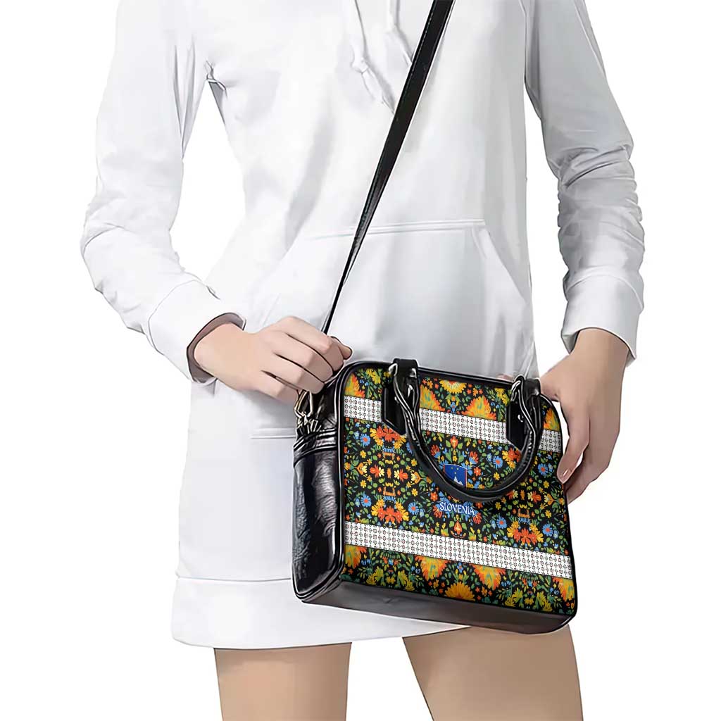 Slovenia Folk Art Shoulder Handbag Bright Floral Pattern with National Crest Emblem TS04