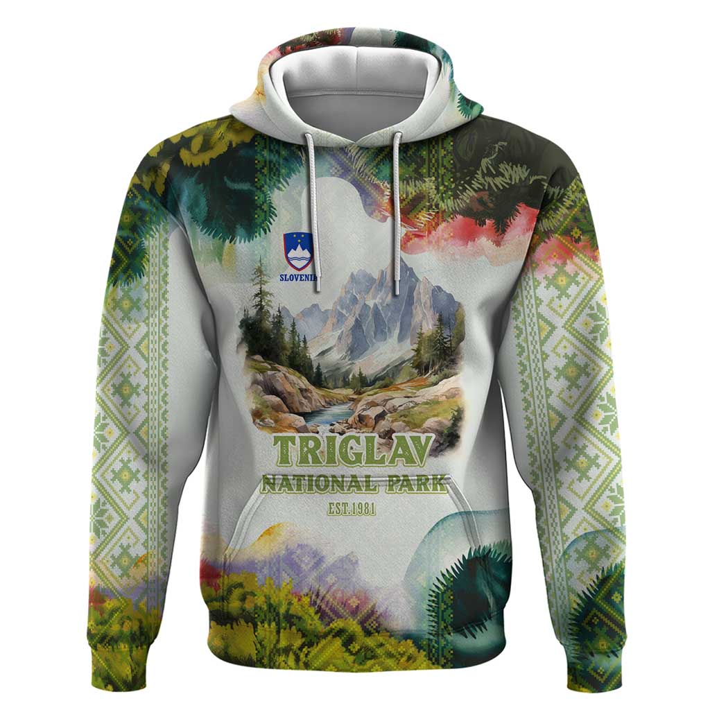 Triglav National Park Hoodie Mountain Landscape with Slovenia Crest and Folk Art Details TS04