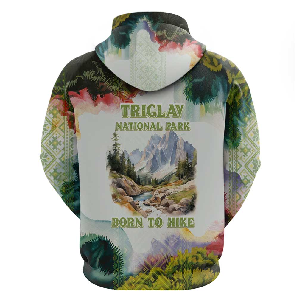 Triglav National Park Hoodie Mountain Landscape with Slovenia Crest and Folk Art Details TS04