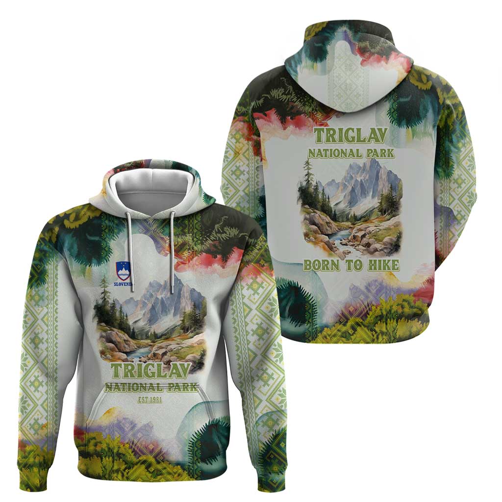 Triglav National Park Hoodie Mountain Landscape with Slovenia Crest and Folk Art Details TS04