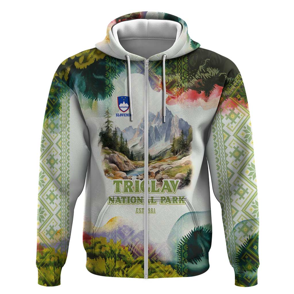 Triglav National Park Hoodie Mountain Landscape with Slovenia Crest and Folk Art Details TS04