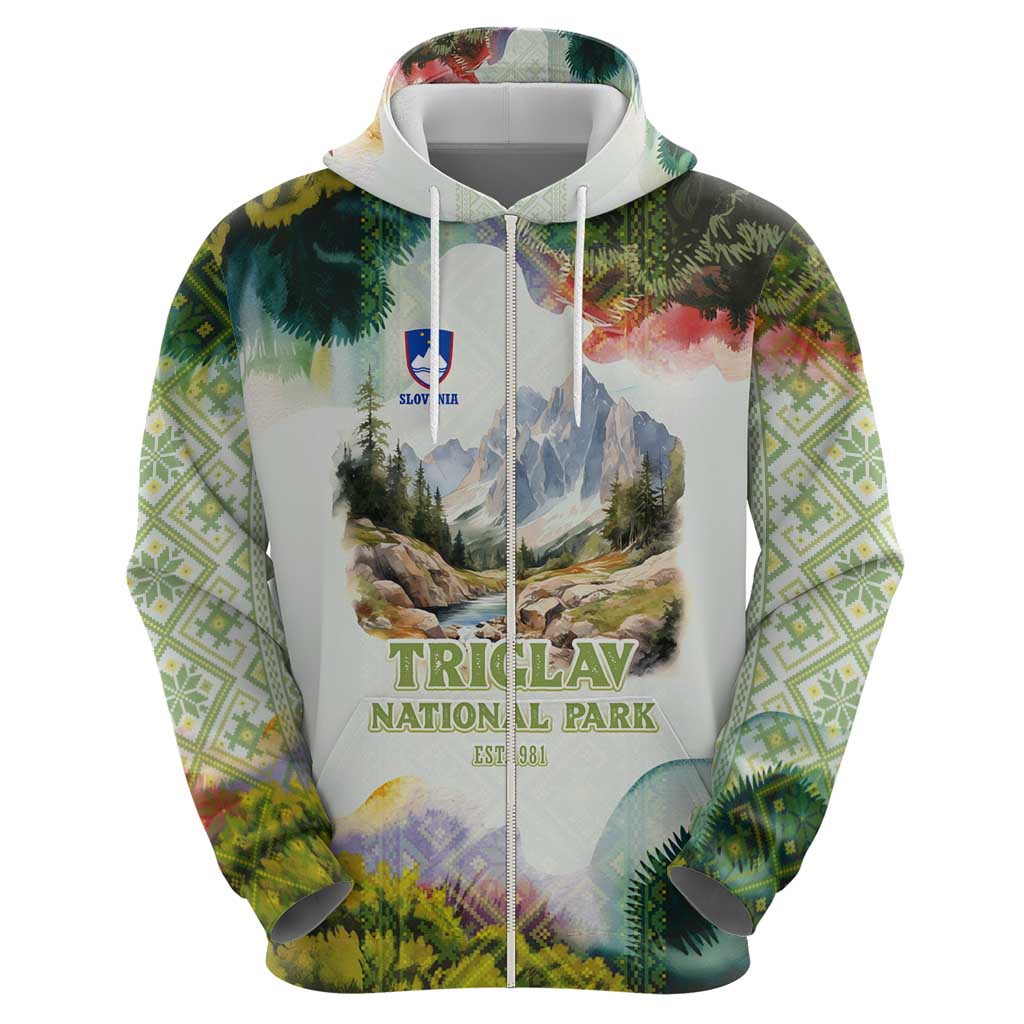 Triglav National Park Hoodie Mountain Landscape with Slovenia Crest and Folk Art Details TS04