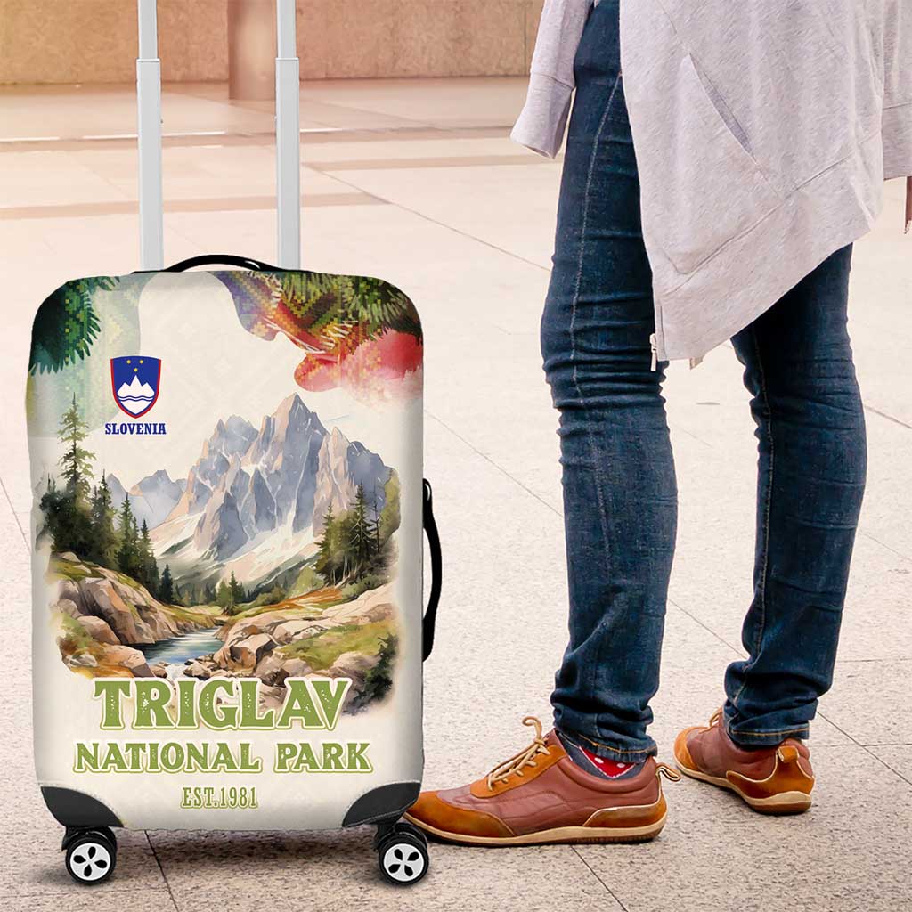 Triglav National Park Luggage Cover Mountain Landscape with Slovenia Crest and Folk Art Details TS04