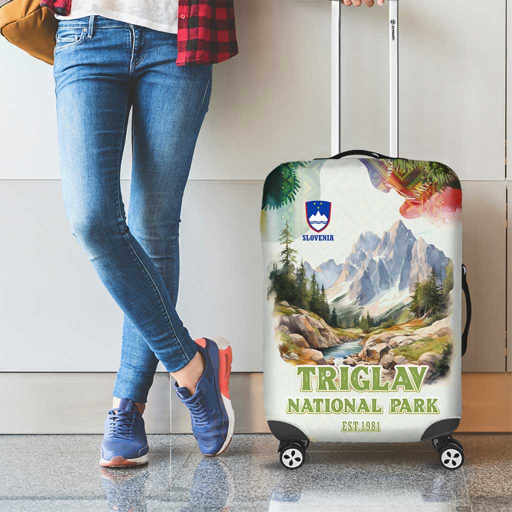 Triglav National Park Luggage Cover Mountain Landscape with Slovenia Crest and Folk Art Details TS04
