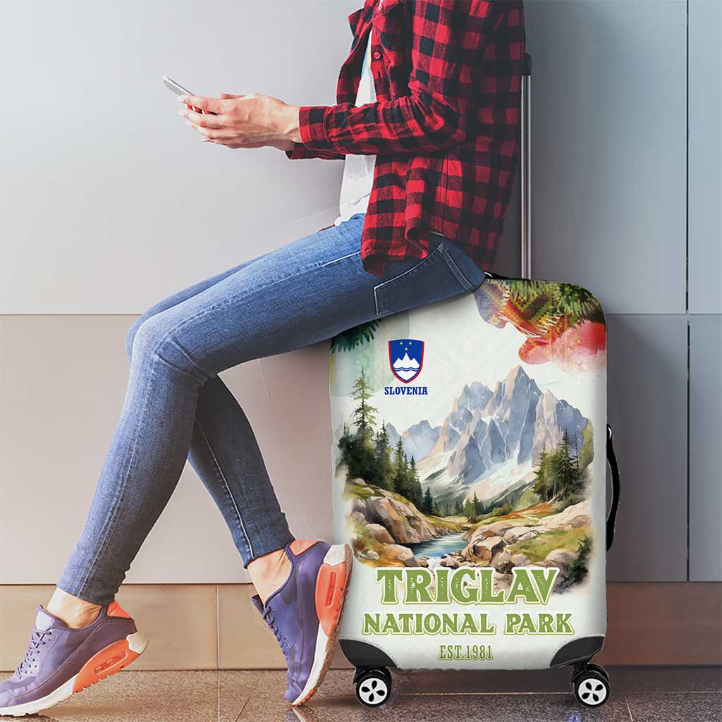Triglav National Park Luggage Cover Mountain Landscape with Slovenia Crest and Folk Art Details TS04