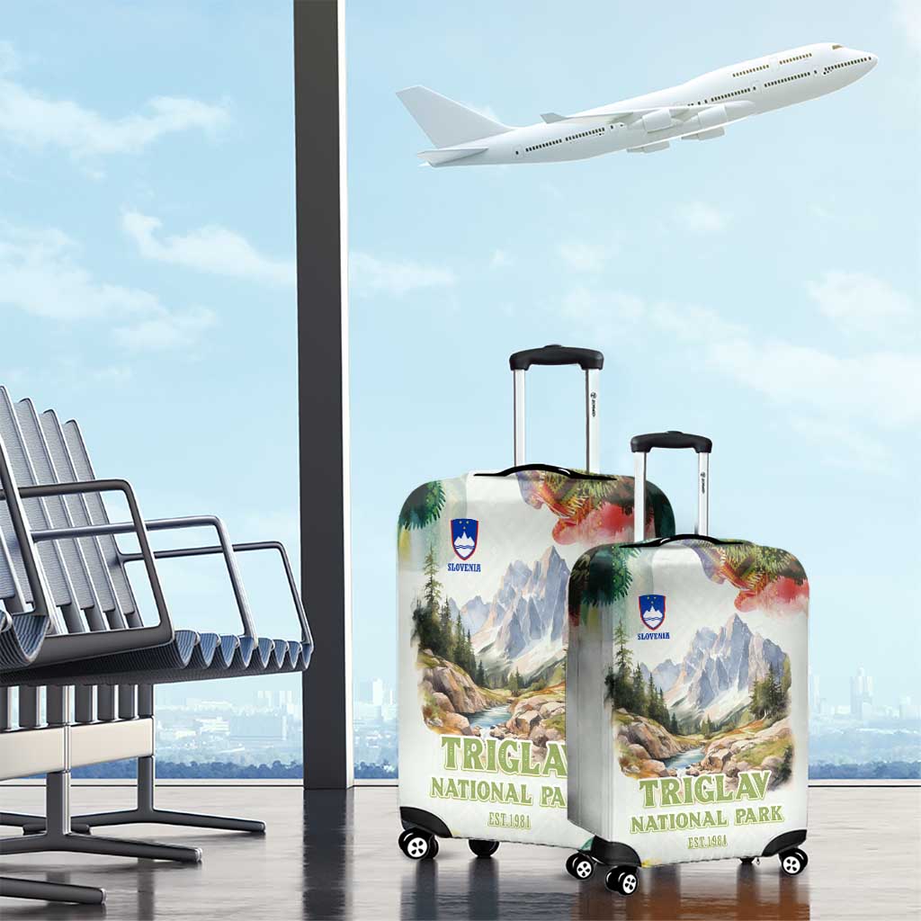 Triglav National Park Luggage Cover Mountain Landscape with Slovenia Crest and Folk Art Details TS04