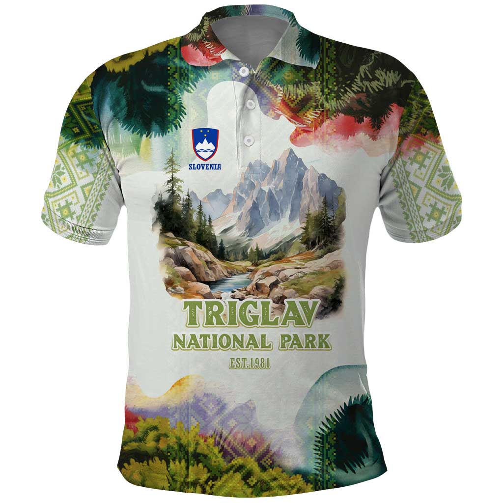 Triglav National Park Polo Shirt Mountain Landscape with Slovenia Crest and Folk Art Details TS04