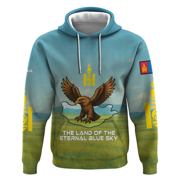 Mongolia Hoodie with Eagle Map Eternal Blue Sky Steppe Spirit TS04