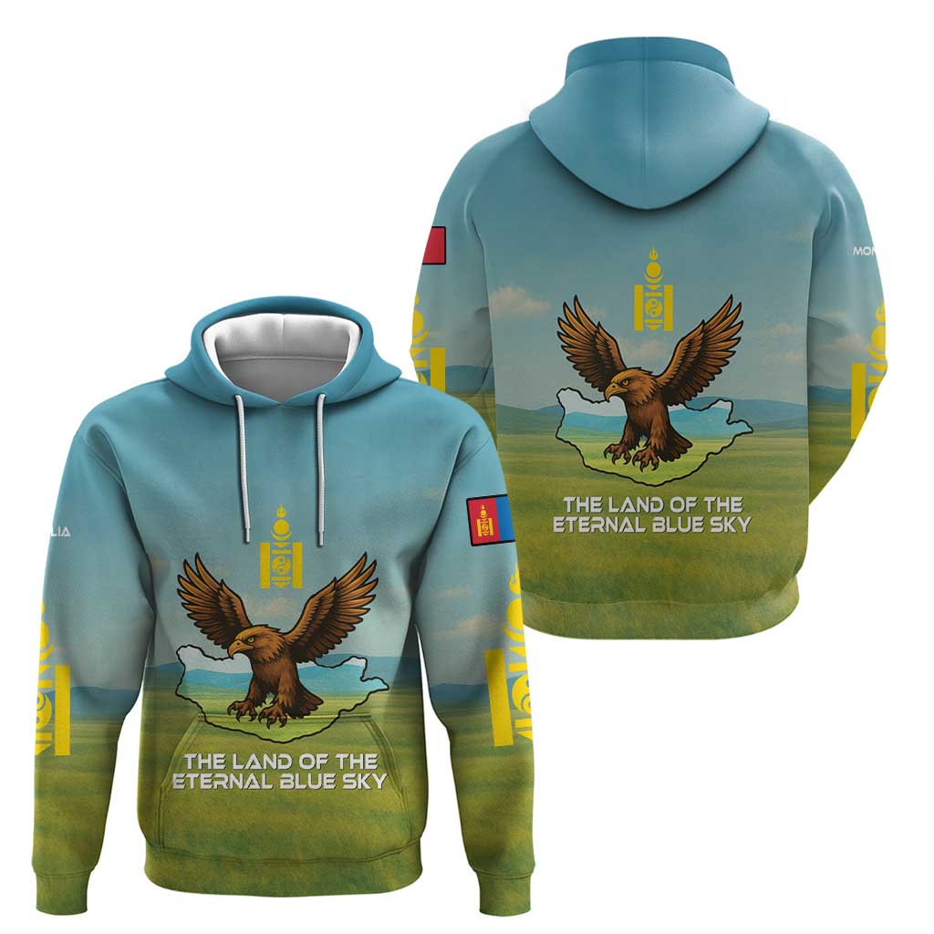 Mongolia Hoodie with Eagle Map Eternal Blue Sky Steppe Spirit TS04