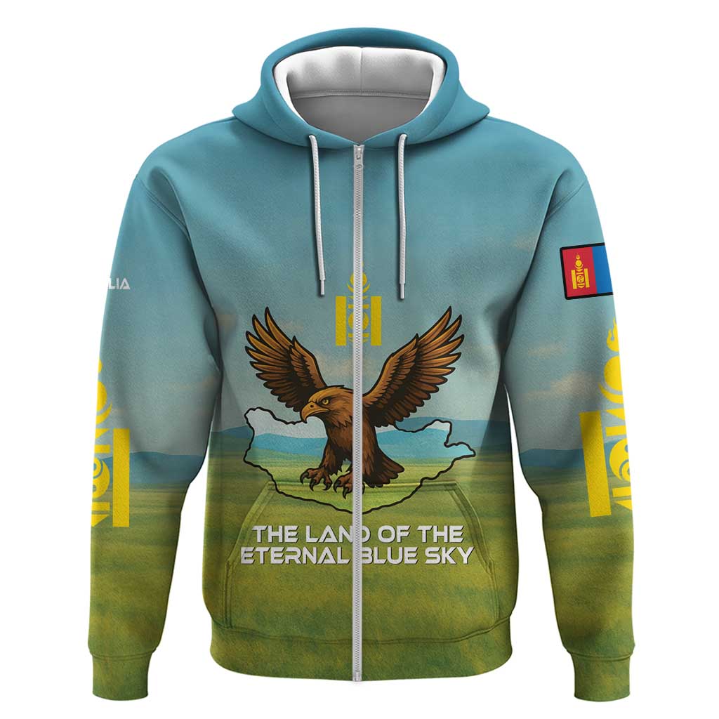 Mongolia Hoodie with Eagle Map Eternal Blue Sky Steppe Spirit TS04