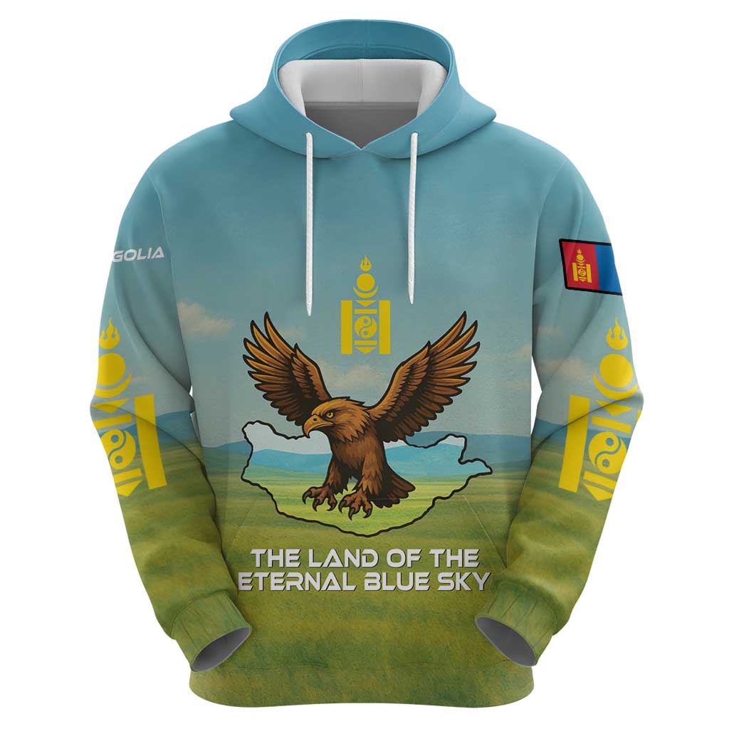 Mongolia Hoodie with Eagle Map Eternal Blue Sky Steppe Spirit TS04