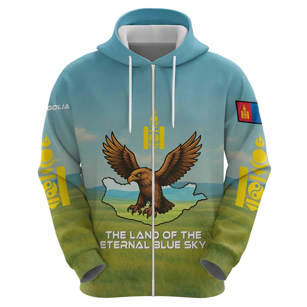 Mongolia Hoodie with Eagle Map Eternal Blue Sky Steppe Spirit TS04