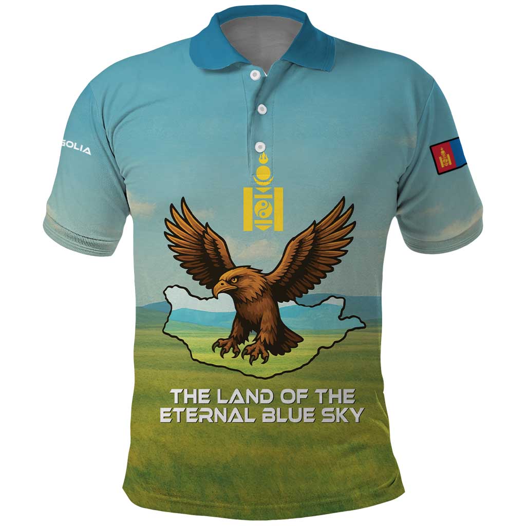 Mongolia Polo Shirt with Eagle Map Eternal Blue Sky Steppe Spirit TS04