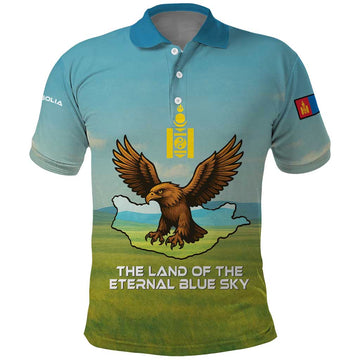 Mongolia Polo Shirt with Eagle Map Eternal Blue Sky Steppe Spirit TS04