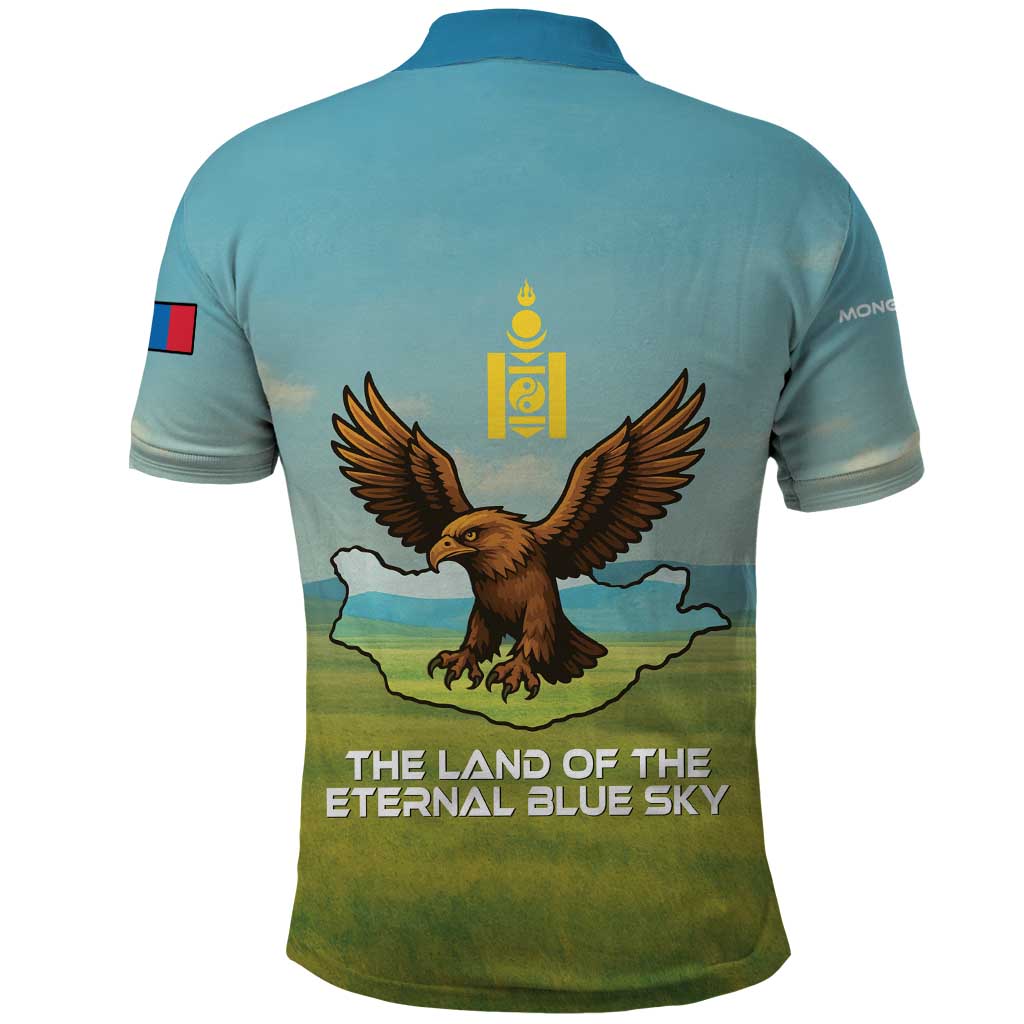 Mongolia Polo Shirt with Eagle Map Eternal Blue Sky Steppe Spirit TS04